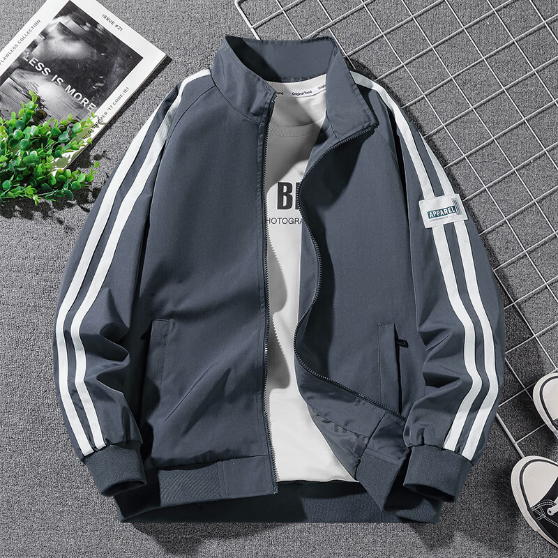 Playboy 2025 Spring and Autumn Jacket Men's Stand Collar Jacket Casual Sports Outdoor Trend Three Stripes Single Clothes Men's Clothes Velvet Thickened Black XL