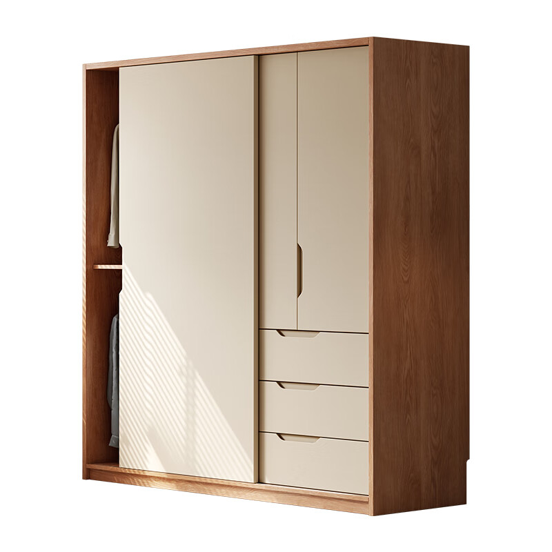 Yukino solid wood wardrobe sliding door wardrobe home bedroom log wardrobe style storage cabinet oak Japanese style sliding door wardrobe 1.8m sliding door wardrobe + curved side cabinet (length 2.1*2.0m high) delivery + door-to-door installation