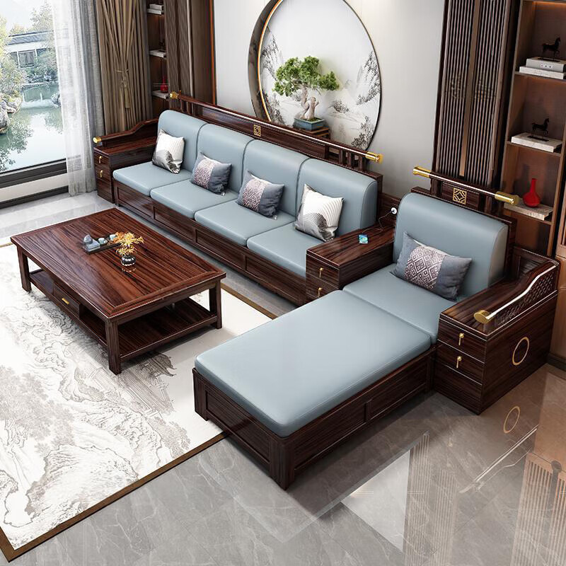 Zihua solid wood sofa, new Chinese style ebony wood single and double three-person combination, imperial concubine winter and summer dual-use living room furniture LY1002# 1+2+3+ coffee table (with drawer), storage model, cat scratching leather cushion