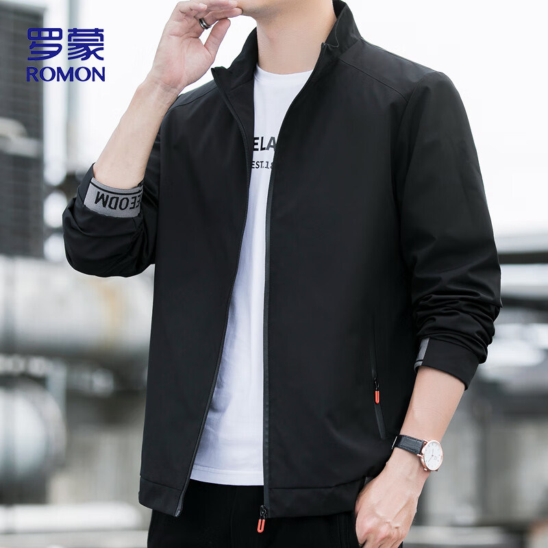 Romon Jacket Men's Autumn Stand Collar Business Casual Executive Jacket Top Men's Versatile Baseball Uniform Men's JT6 Black XL