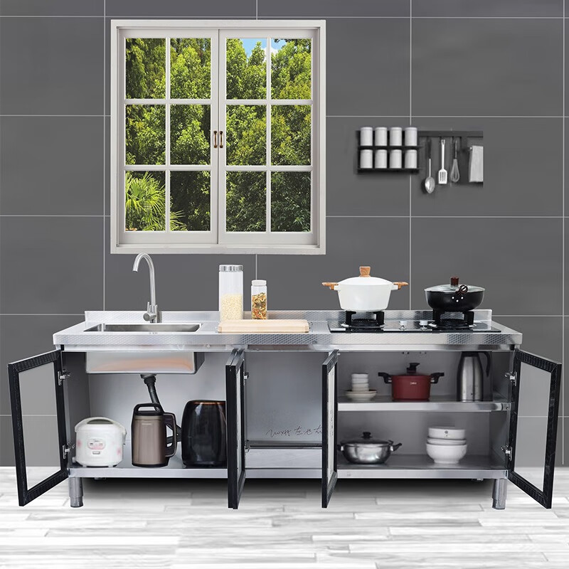 Funwutou Kitchen Thickened Stainless Steel Cabinet Stove Top Wash Basin Sink Pool Integrated Countertop Cabinet Home Customization 304 200cm Gas Bottle in the Left Sink Right Stove Hole