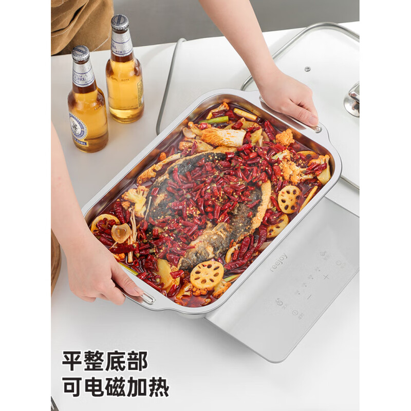 Stainless steel grilled fish plate rectangular household 316 food grade thickened induction cooker grilled fish special plate deep plate 45cm extra large + (tempered glass cover) food grade stainless