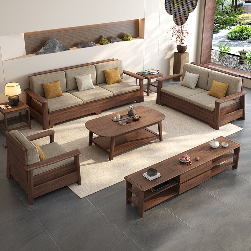 Jiangcheng New Chinese Black Walnut Solid Wood Sofa 2025 New Modern Simple Winter and Summer Wooden Storage Furniture 6102