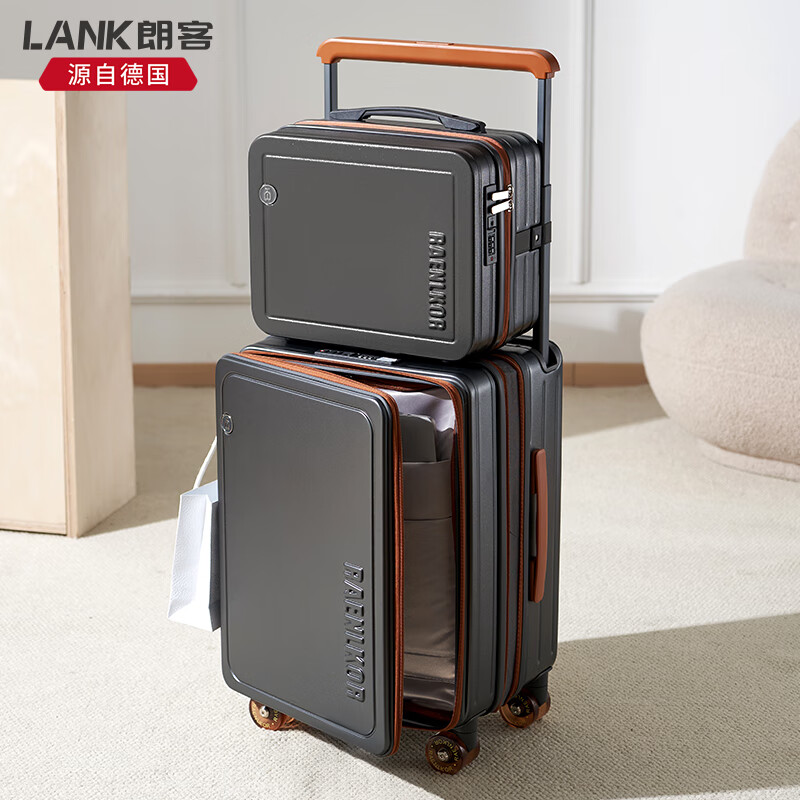 Langke German front side opening suitcase 20-inch boarding case expandable large capacity wide trolley travel suitcase 24 men and women gray coffee prologue ice skating transparent wheel-2025 new model 20 inches can be boarded on the plane, suitable for 7-10 days of travel