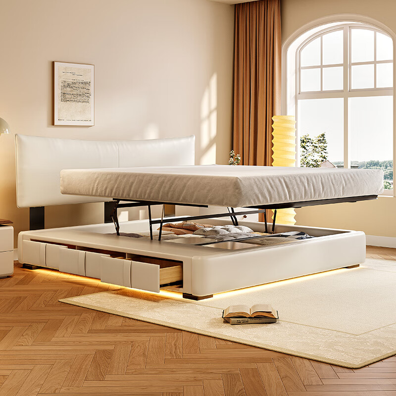 Dongxiong ultra-thin bedside leather bed adjustable small apartment cream style master bedroom soft bed high box storage translation bed ecological leather bed/encrypted silent ribbed frame 1500mm*2000mm frame structure