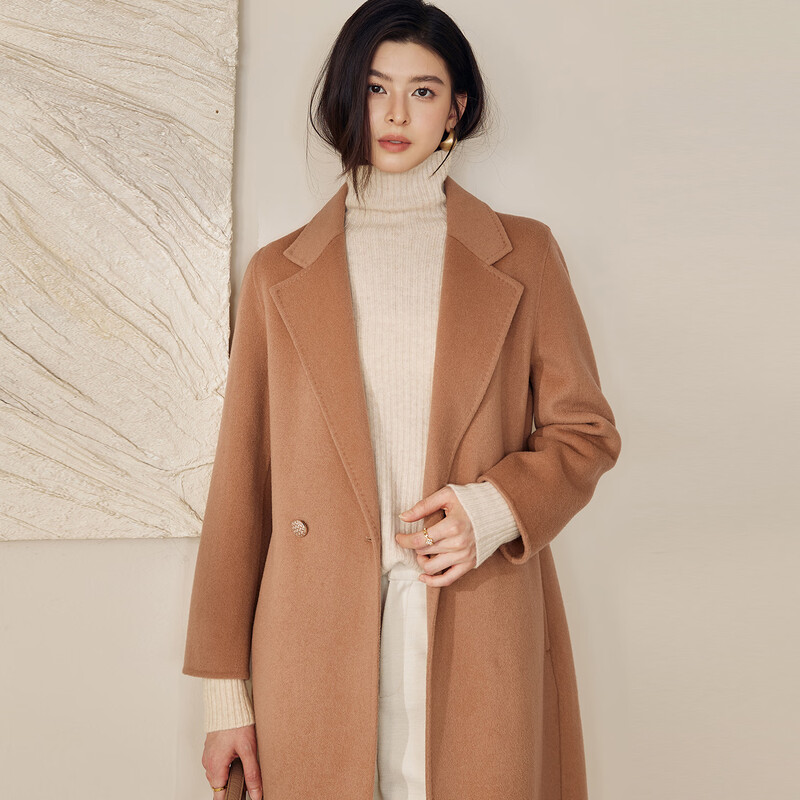 ROEYSHOUSE Luo Yi Light Luxury Sheep Wool Mid-Length Coat Intellectual Double-sided Woolen Jacket 12917 Red Camel L