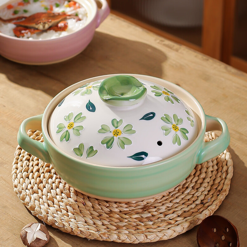 Kawashimaya Japanese-style claypot household high-temperature resistant dry-fired non-cracking gas stove special soup pot claypot rice casserole Flower casserole-pink (for 2-4 people) 2.5L