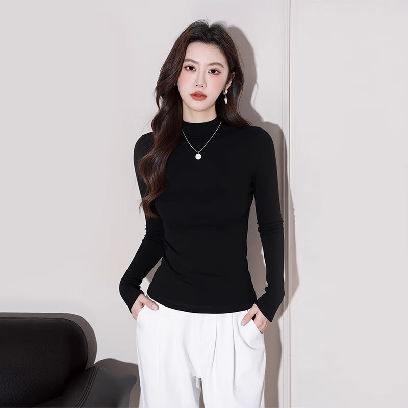 Farewell half turtleneck bottoming shirt for women, new autumn and winter style inner layer, thin slim fit long-sleeved knitted top, black S