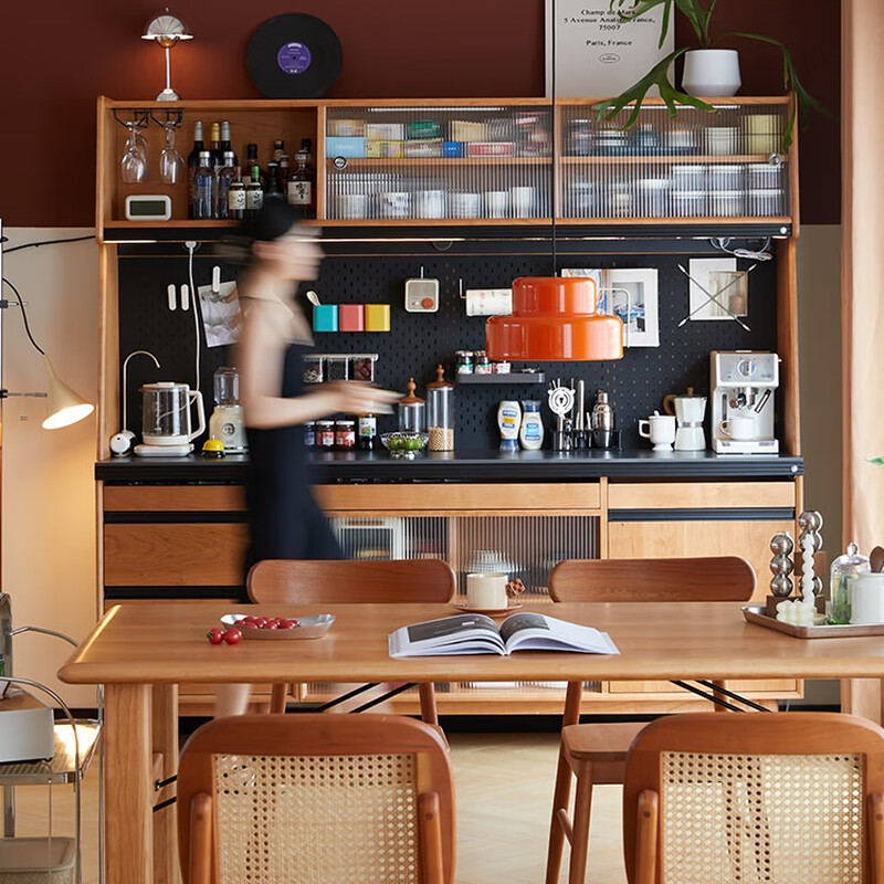 Nanchang sideboard solid wood slate sideboard Japanese cherry wood coffee tea cabinet storage wine cabinet dining table integrated against the wall Sideboard Jingdong personalized customization