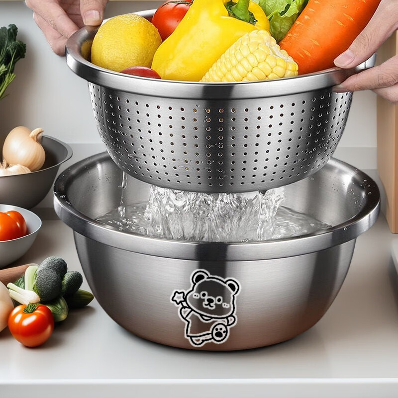 Carole stainless steel basin food-grade household kitchen drain basket wash basin leaky basin vegetable basin rice washing basin pore thickening 19CM multi-functional solid basin + leaky basin