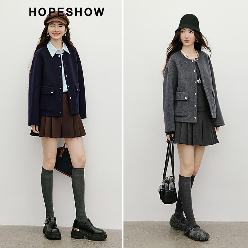 Red sleeve work style woolen coat 2025 winter new women's round neck light and mature temperament short double-sided woolen coat Ash 056 S