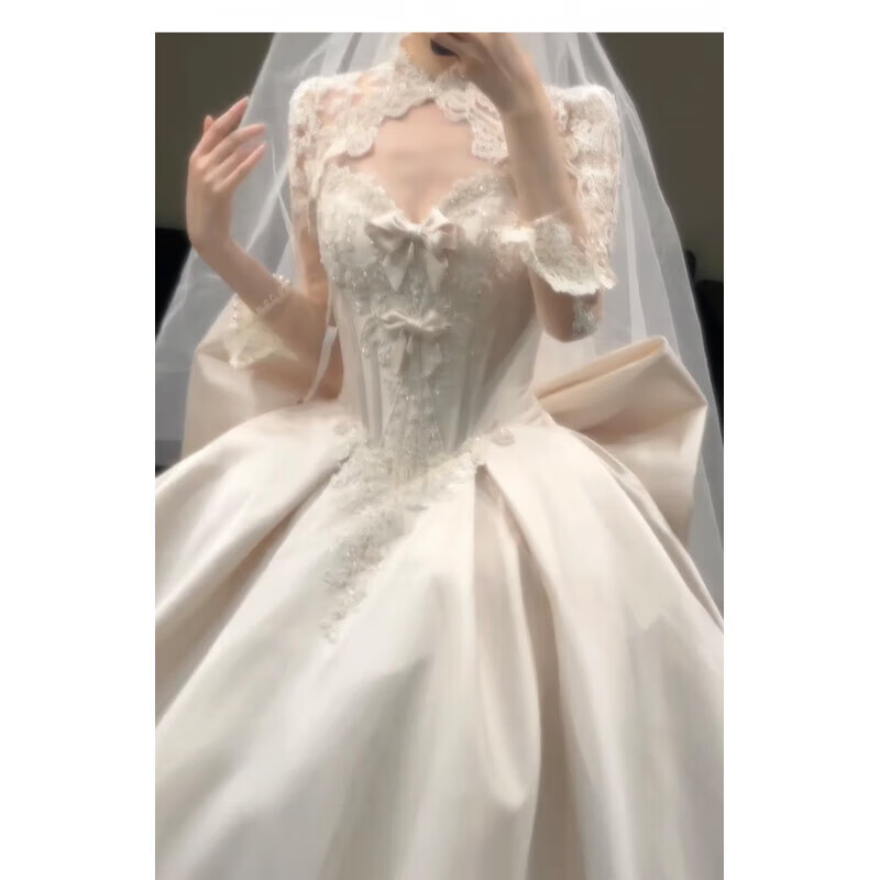 Wutuo wedding dress light gauze French satin tube top 2025 new bridal texture style small heavy industry main yarn white floor-length + vest (plus three-piece set) M