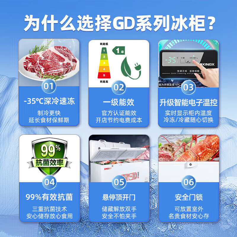 Xingx commercial freezer large capacity - 40 degrees deep cooling horizontal single temperature Xingx brand 400 liters or more refrigerated freezing conversion double door refrigerator beef and mutton fresh cabinet tea cabinet 618 liters 1.7 meters丨-40 center beam defrost electronic temperature control