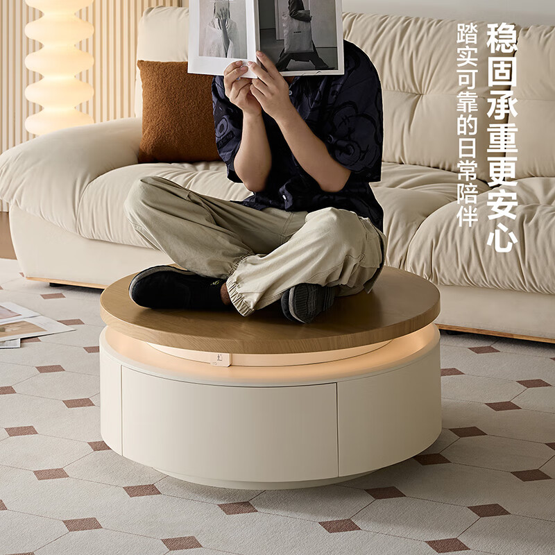 Quanyou Home Cream Style Multifunctional Coffee Table TV Cabinet Combination Set Small Living Room Storage Cabinet Furniture Log Cream Style Long Coffee Table Ambient Light + Large Capacity Storage + Hidden Handle