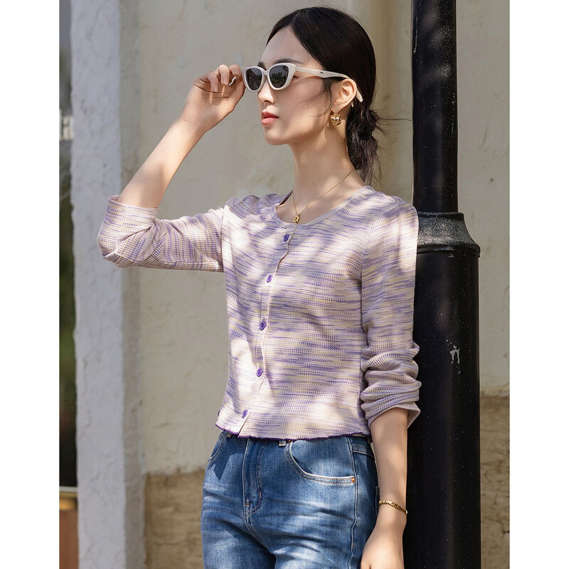 Demana Cloud Oxygen Cotton Spring Lightweight Rainbow Waffle Print Long Sleeve Layered Small Women's T-Shirt