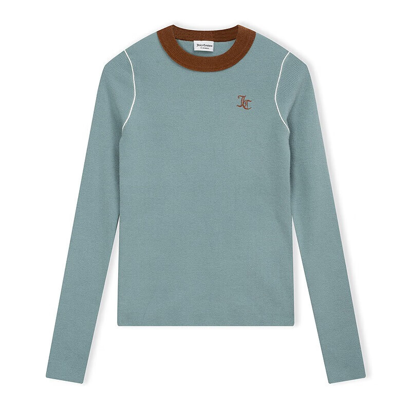 Juicy Couture Knitted Sweater Women's 2025 Autumn and Winter New Embroidered Contrast Color Slim Fit Bottoming Top Peacock Blue S