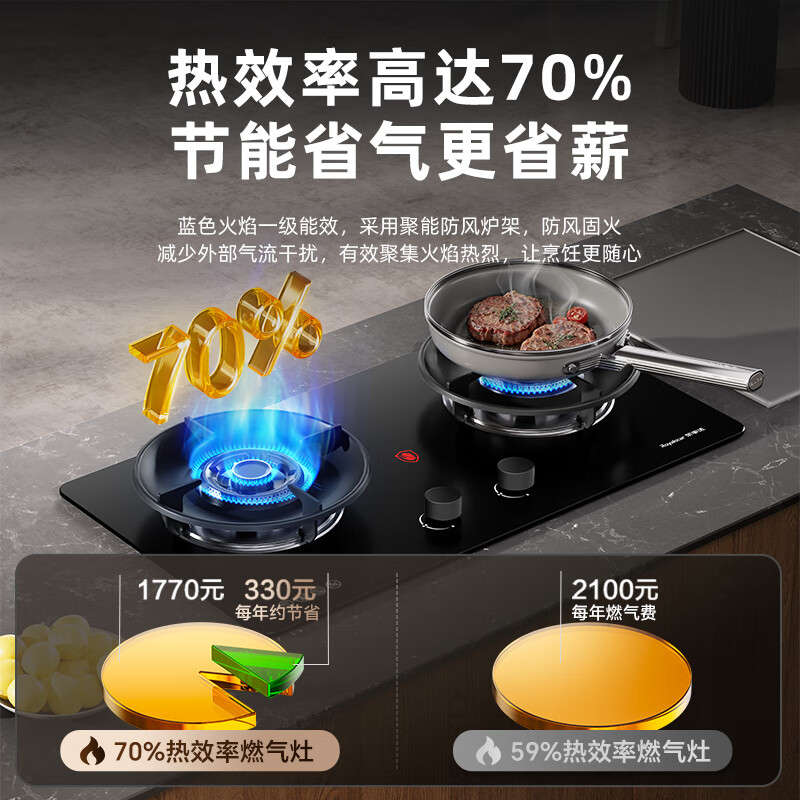 Royalstar gas stove, natural gas double stove, household embedded 5.2kW energy-saving high-fire stove stove, first-class energy-efficiency copper fire cover, adjustable chassis JZT-A535BFS