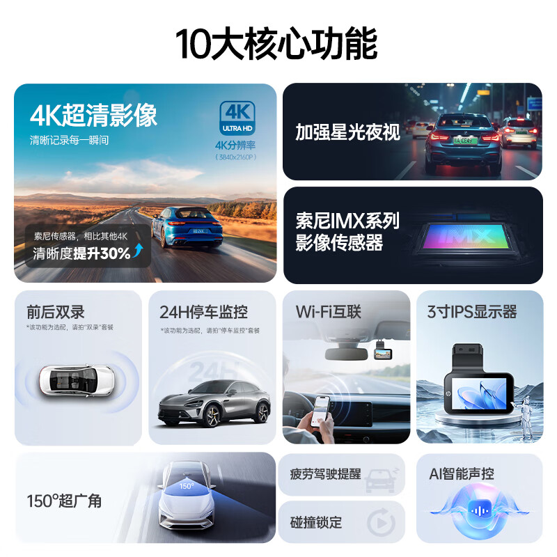 HP driving recorder f969w 4K ultra-clear starlight night vision Sony sensor AI voice-controlled mobile phone interconnection without wiring