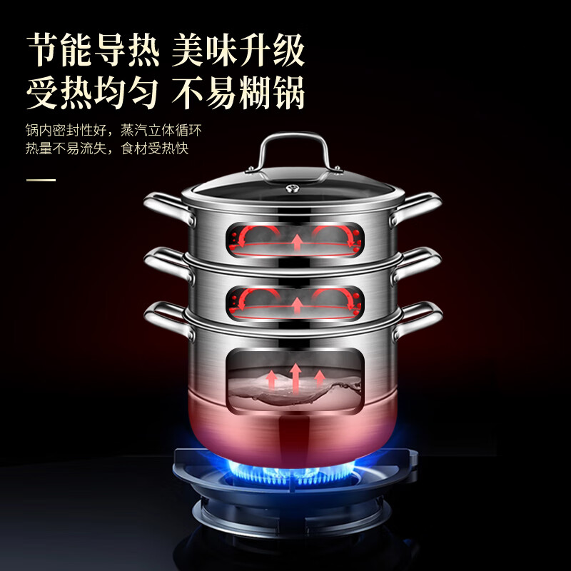 Labton 304 stainless steel steamer double-layer thickened steaming and cooking integrated soup pot with steamer steamer fish gas stove induction cooker universal 28cm three-layer steamer enlarged and thickened inner diameter 28cm