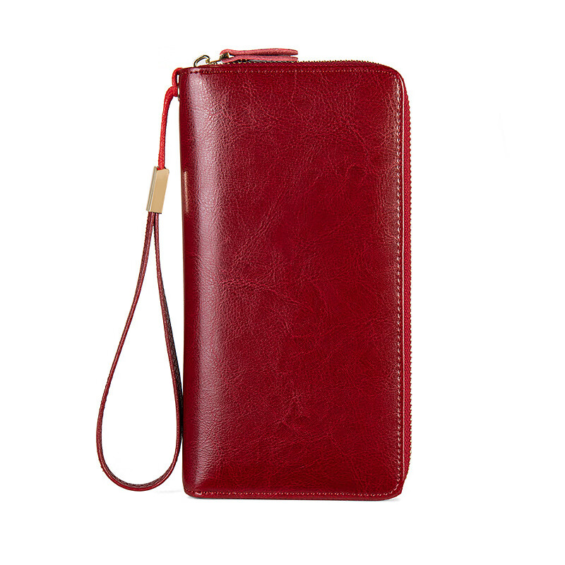 Grozde retro waxed cowhide women's wallet long new large-capacity wallet card bag integrated clutch mobile phone clutch burgundy