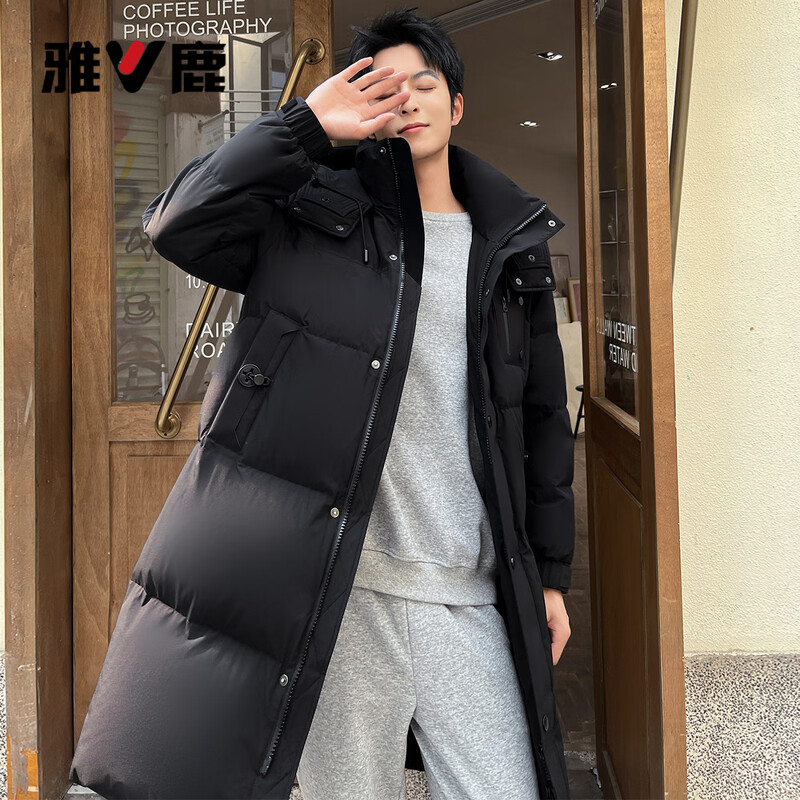Yalu Couple Long Down Jacket Extreme Cold Hooded Versatile Men and Women Same Style Over-the-Knee Cold Jacket Black 180
