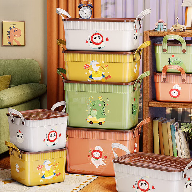 Nafenai Desktop Storage Box with Cover for Snacks and Stationery Storage and Organization Large Box Multifunctional Toys and Sundries Clothes Storage Basket Square-Small Cream Watermelon Panda Upgraded Thickening-With Cover Dustproof-With Handles.