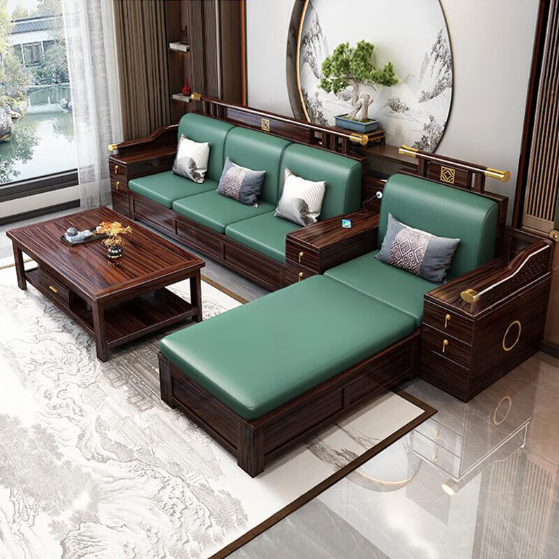 Zihua solid wood sofa, new Chinese style ebony wood single and double three-person combination, imperial concubine winter and summer dual-use living room furniture LY1002# 1+2+3+ coffee table (with drawer), storage model, cat scratching leather cushion