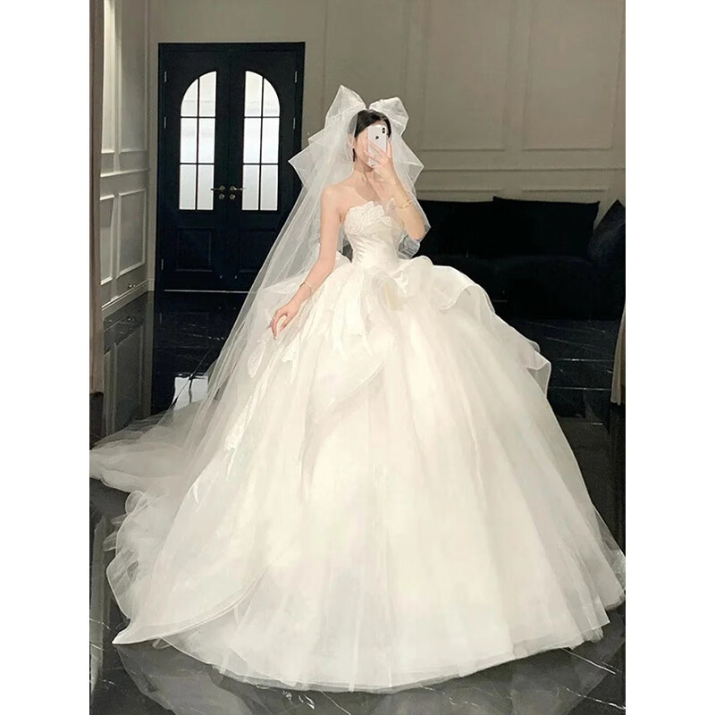 Wei Lianmenglan high-end tube top bridal wedding dress 2025 new French texture small person light luxury trailing main gauze summer white floor-length + matching zipper support L Weight about 110 pounds