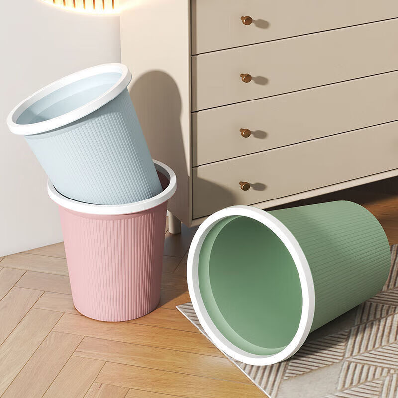 JINZE European-style household striped trash can for living room, bedroom, kitchen, toilet, office, lidless paper basket with pressure ring, Nordic blue, medium size