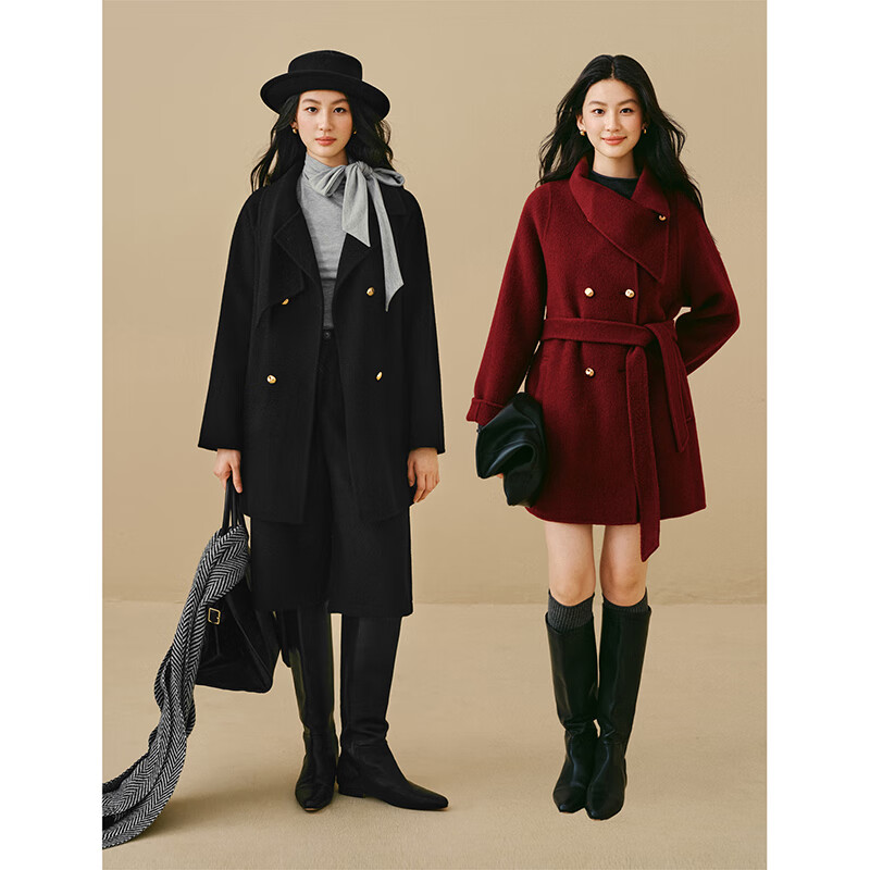 Inman pure sheep wool scarf collar double-sided woolen coat 2025 winter women's new woolen coat midnight black M