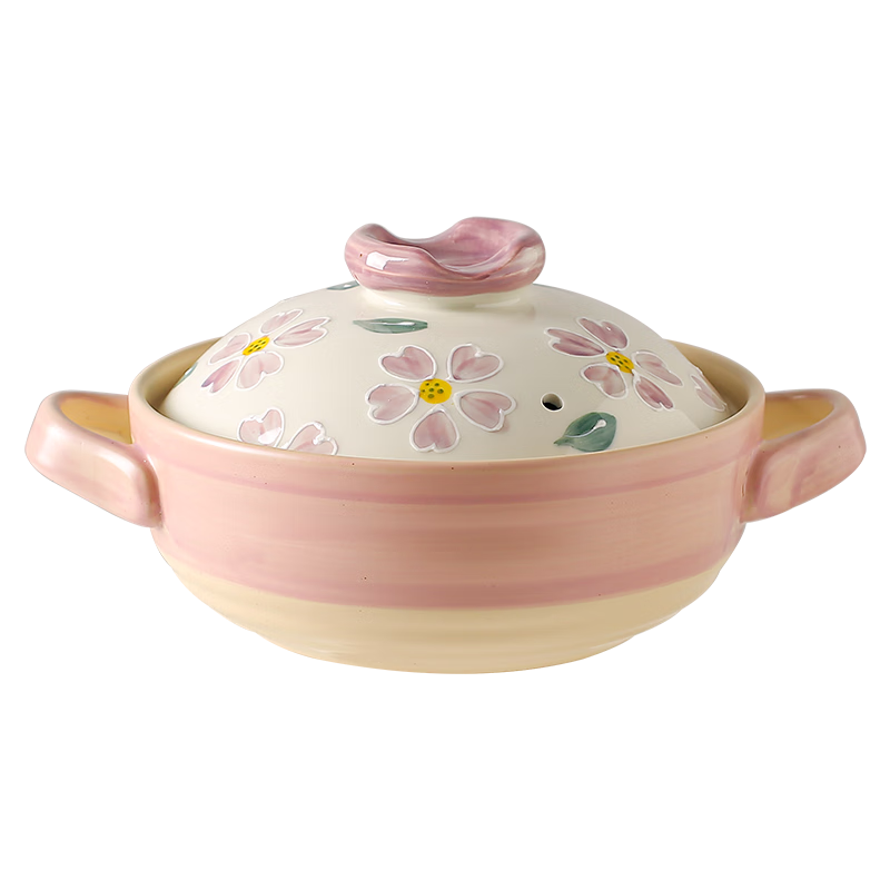 Kawashimaya Japanese-style claypot household high-temperature resistant dry-fired non-cracking gas stove special soup pot claypot rice casserole Flower casserole-pink (for 2-4 people) 2.5L
