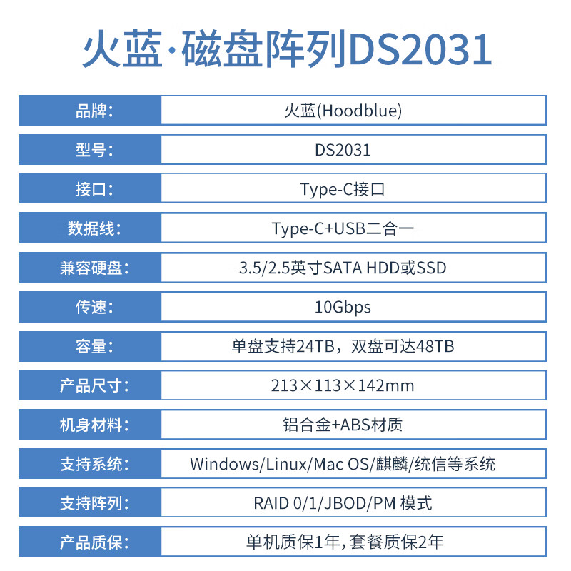 Hoodblue DS2031 dual-bay disk array cabinet RAID hard disk box USB3.1 hard disk array memory 10Gbps high-speed transmission hard disk box DS2031-20TB