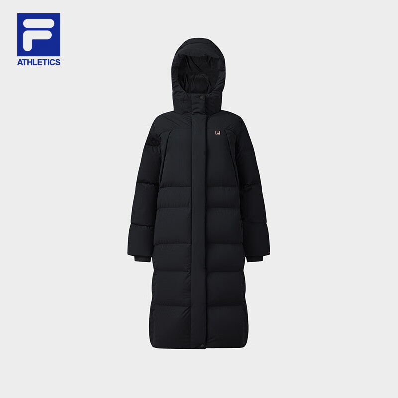 FILA Official Women's Long Down Jacket 2025 Winter New Casual Loose Warm Hooded Jacket Dark Black-BK L 170/88A/L