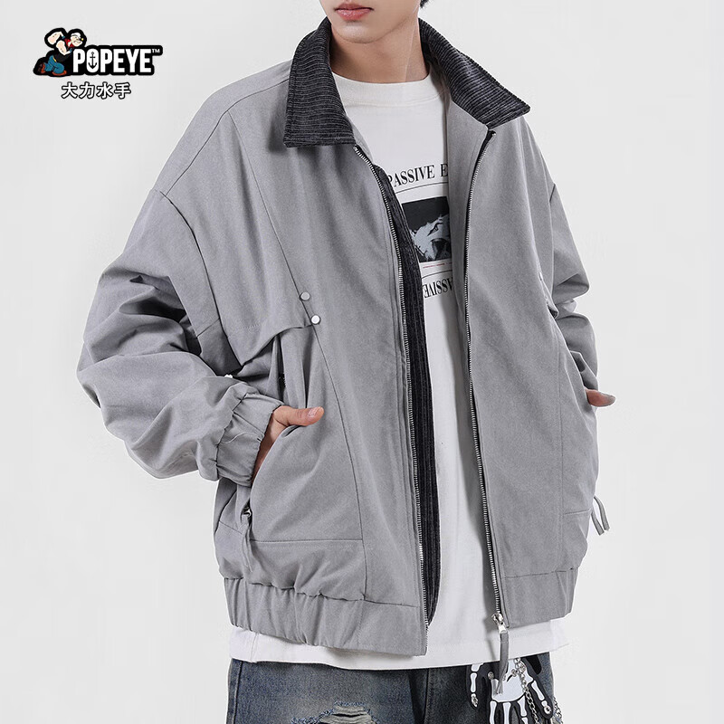 Popeye cleanfit lapel flight jacket men's autumn and winter casual versatile baseball jacket DJ06 gray L