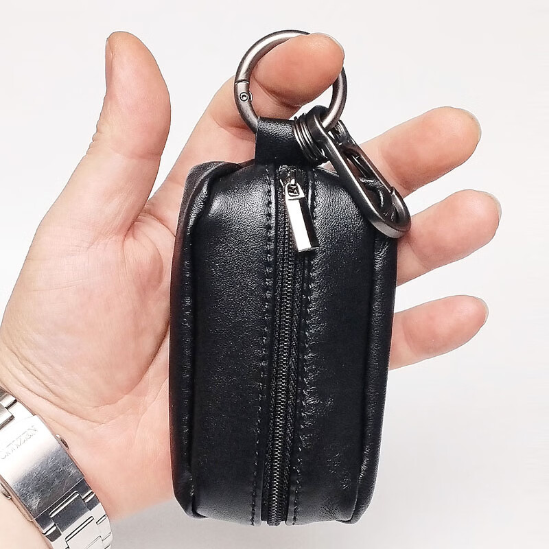 Handmade sheepskin car key bag for men and women with double zipper chain sheepskin key bag - black