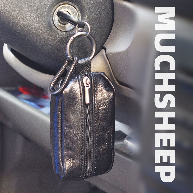 Handmade sheepskin car key bag for men and women with double zipper chain sheepskin key bag - black