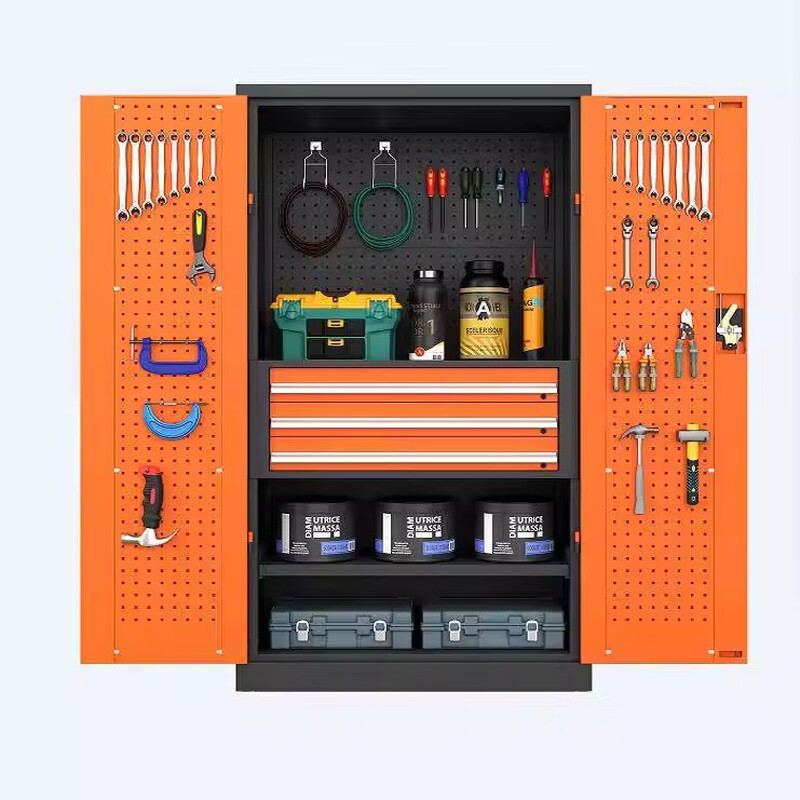 Tool cabinet iron cabinet workshop thickened heavy-duty tool cabinet hardware auto repair multi-functional drawer storage iron cabinet parts cabinet gray orange inner four panels with back net (thickened version)