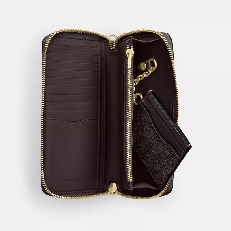 COACH Women's Long Wallet Multiple Card Slots Built-in Coin Pocket Mobile Phone Storage Folding Money Slots Printed Canvas Woolen/Black