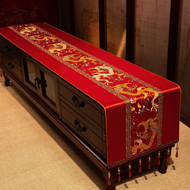 Yiboqiantang New Chinese Zen Coffee Table Tablecloth Chinese Style TV Cabinet Decorative Cover Cloth Rectangular Dining Table Sideboard Dustproof Cloth Nine Heavens Feilong Emperor Yellow High Precision/Waterproof Cabinet Cloth 40*200cm (Applicable table length 1.5-1.6m)