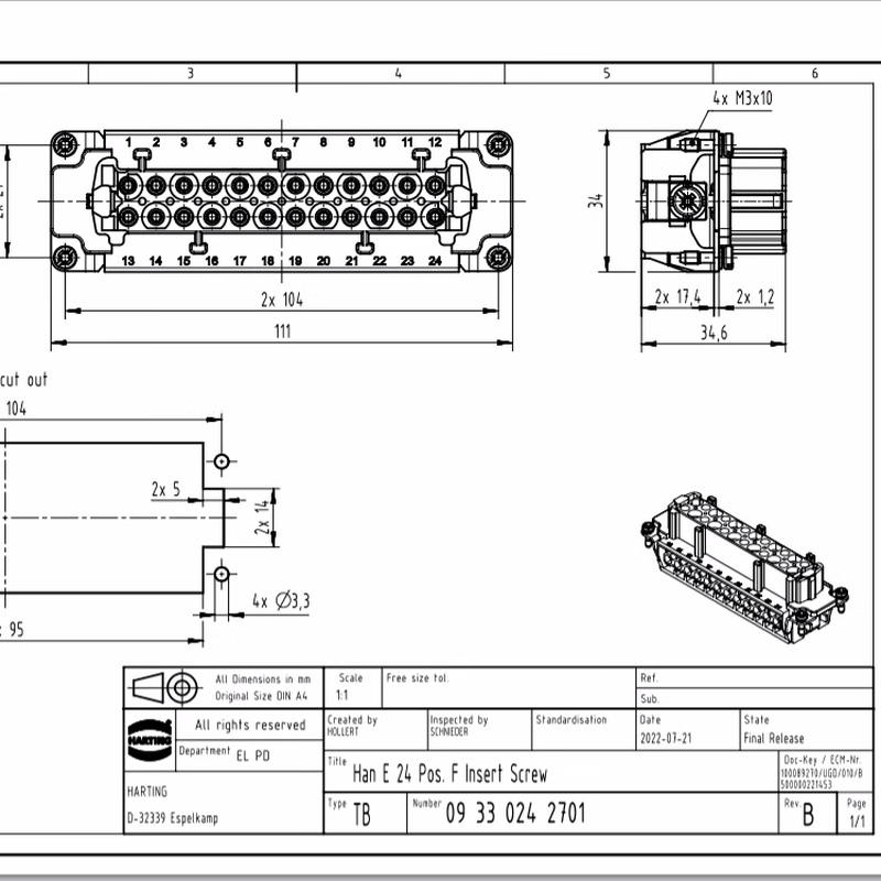 09330242701 HARTING Harding Heavy Duty Connector Current Terminal Female Head Insert Bolt Wiring Original Genuine