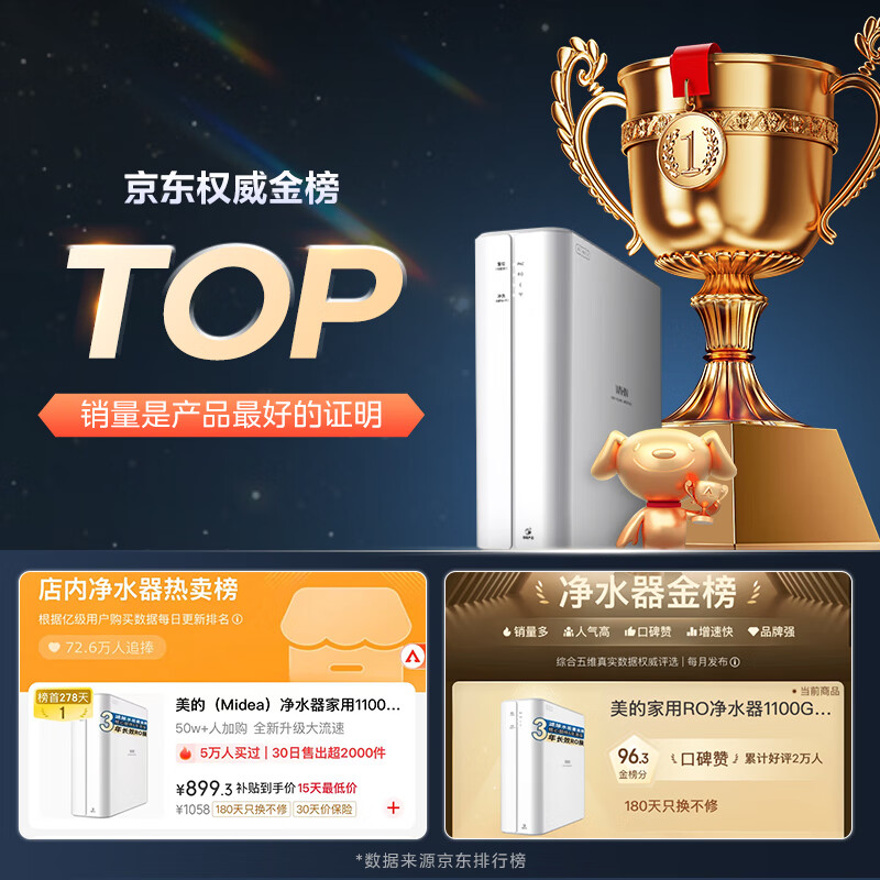 Midea water purifier household 1100G flow rate 0 anti-scale kitchen type RO reverse osmosis Hualing Baidu water purifier direct drinking machine all-in-one machine official top ten national subsidy 1100G flow rate experience 3 seconds full cup of water maternal and infant direct drinking