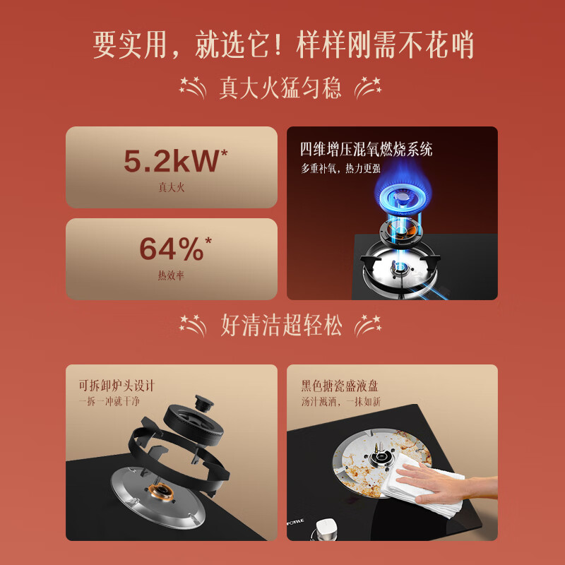 FOTILE gas stove double stove household desktop embedded dual-purpose stove first-class energy efficiency full air intake high-power natural gas liquefied gas stove flameout protection six layers of explosion-proof TX22 5.2KW high flame stove / burner head detachable