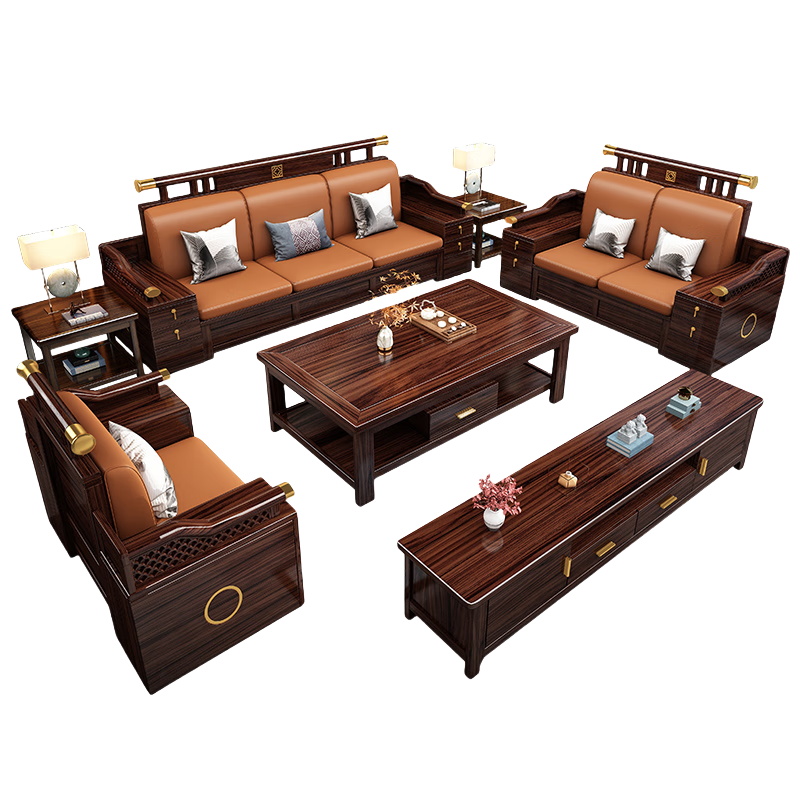 Zihua solid wood sofa, new Chinese style ebony wood single and double three-person combination, imperial concubine winter and summer dual-use living room furniture LY1002# 1+2+3+ coffee table (with drawer), storage model, cat scratching leather cushion