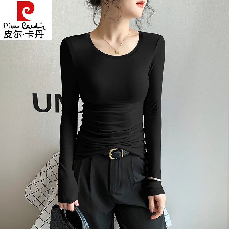 Pierre Cardin Modal Round Neck Long Sleeve Bottoming Shirt for Women 2025 Spring and Autumn New Black Style Thin Top Black Single Round Neck S Under 90 Jin