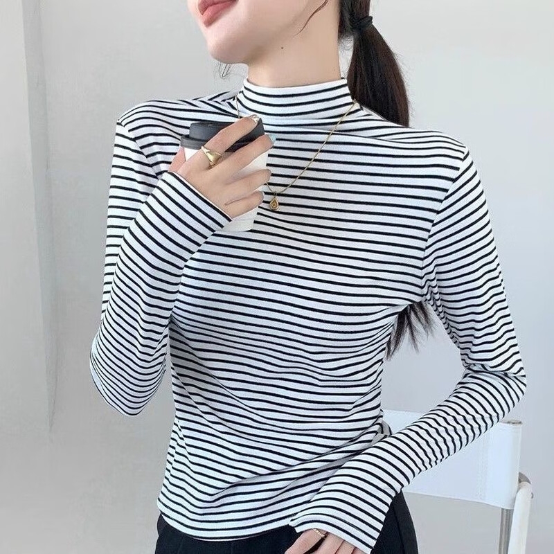 Langsha striped bottoming shirt for women winter 2025 new double-sided brushed half-high collar slim slim long-sleeved inner top