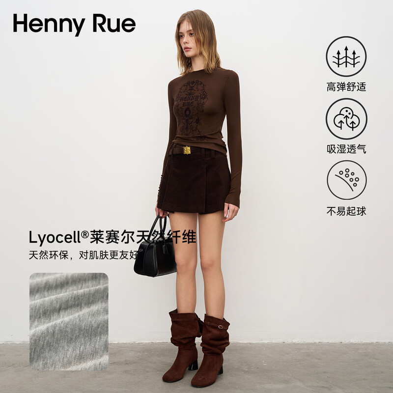 Henny Rue bottoming shirt for women with lyocell print trendy letters autumn long-sleeved top slim fit round neck pullover for women Cloud White M