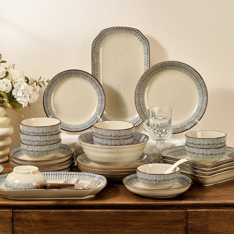 Persson Japanese ceramic tableware set household underglaze colored bowls and bowls set housewarming gift Blue Rain 18-piece gift box