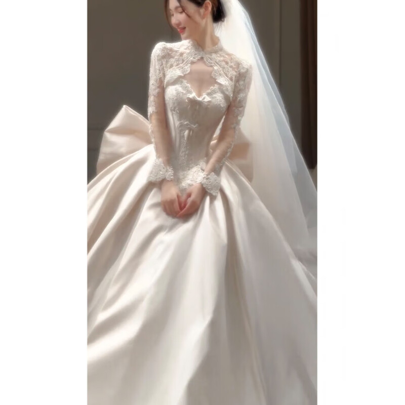 Wutuo wedding dress light gauze French satin tube top 2025 new bridal texture style small heavy industry main yarn white floor-length + vest (plus three-piece set) M