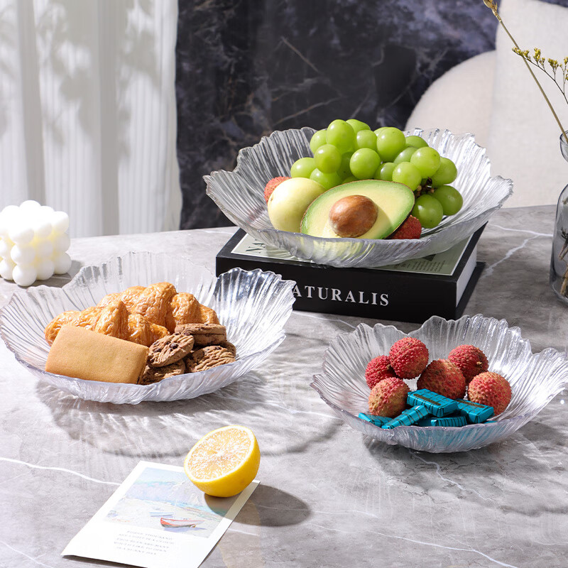 Baijie glass transparent ice pattern fruit plate for home living room light luxury candy nut snacks dried fruit storage tray large size