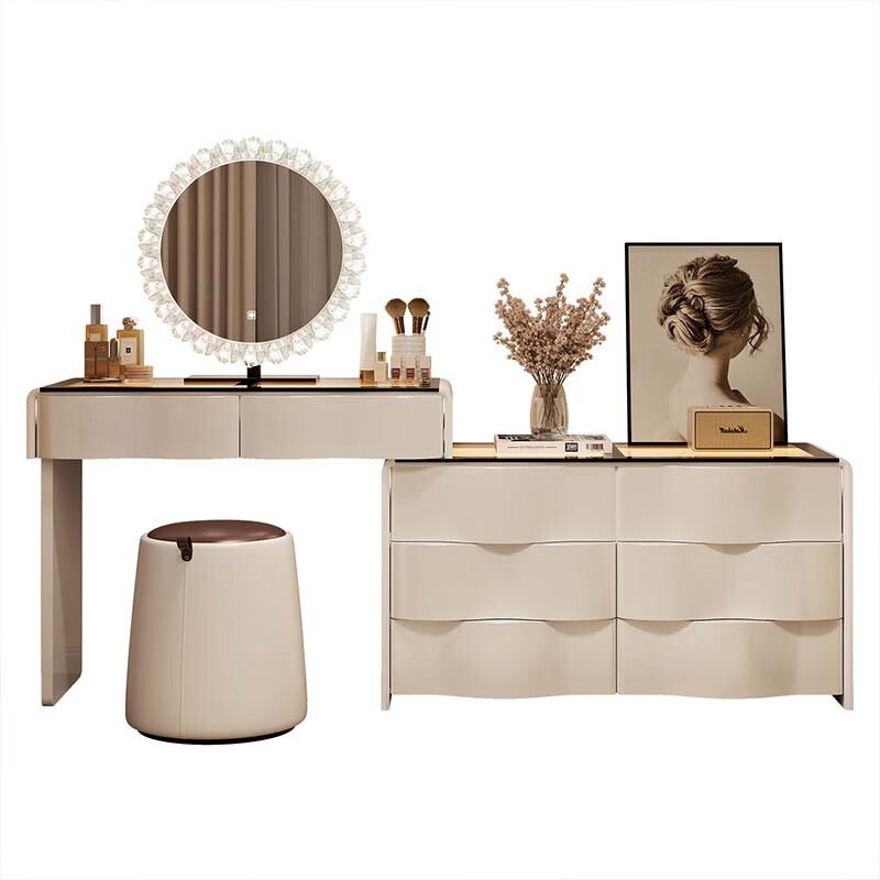 Xunhuai 2025 new solid wood bedroom high-end bedside dressing table six-drawer cabinet dresser storage drawer integrated jewelry cabinet white 100cm + six-drawer cabinet + sunglasses + crescent lamb